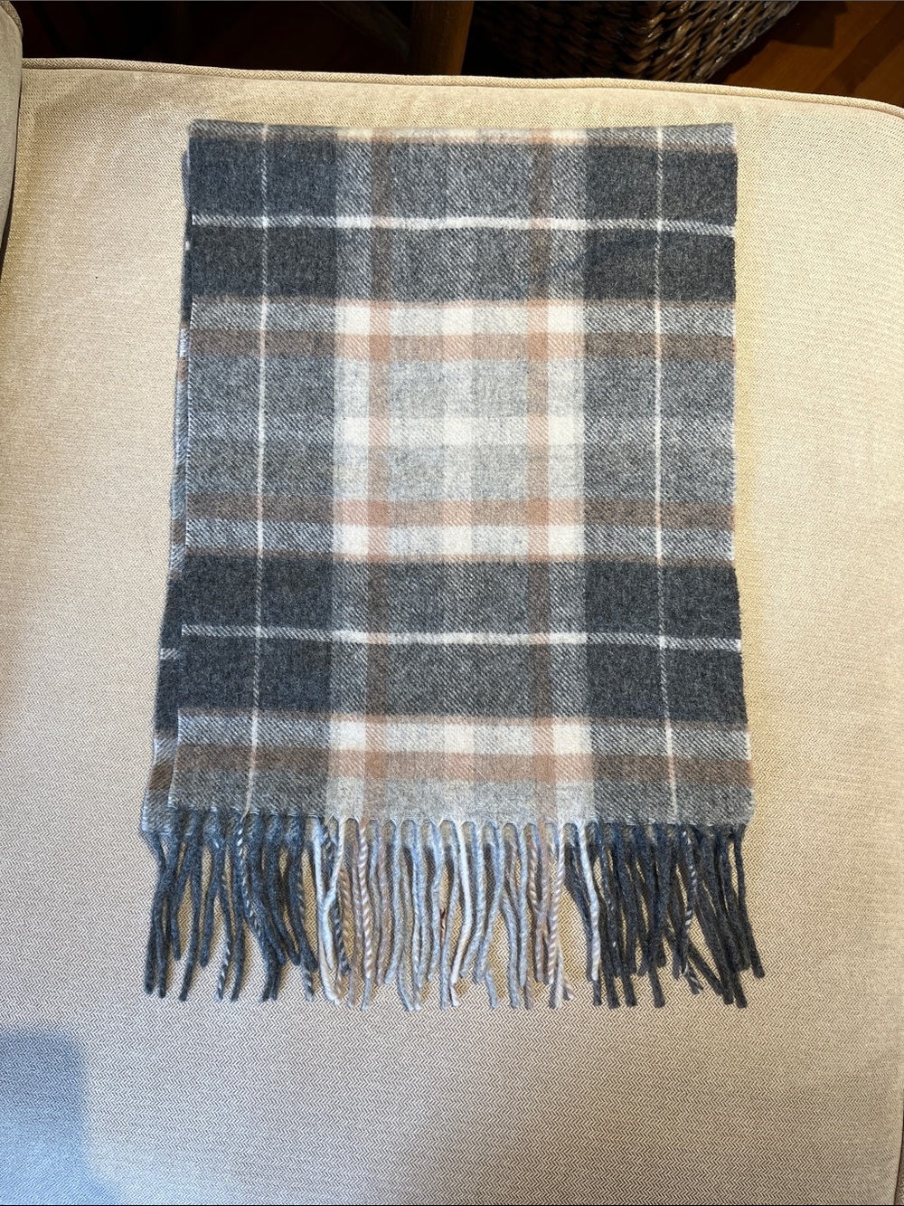 Joseph & Feiss Gray and Tan Plaid Fringe Scarf